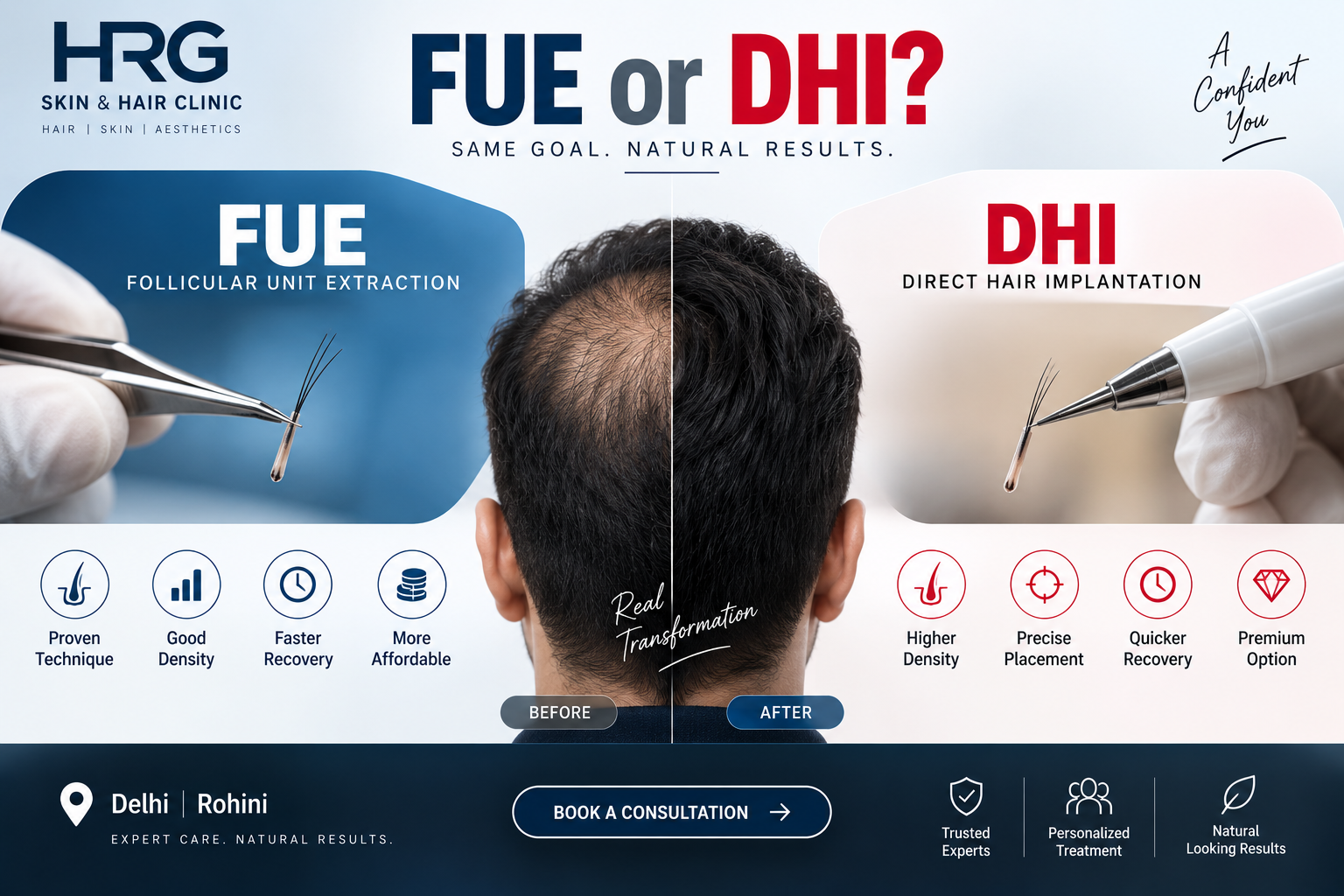 FUE and DHI hair transplant comparison at HRG Clinic
